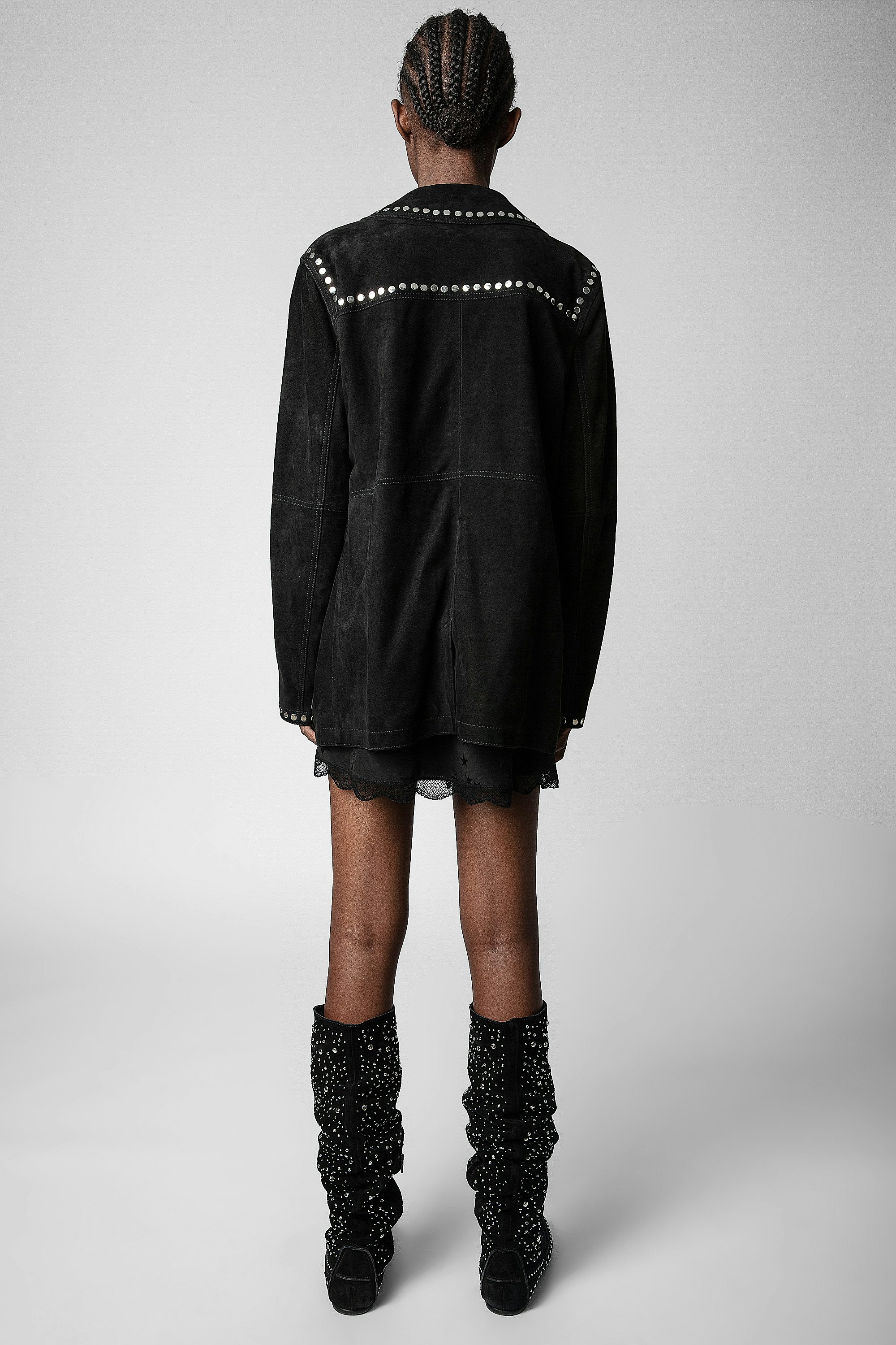 Lala Studded Suede Jacket - Women’s black suede jacket with silver-tone studs